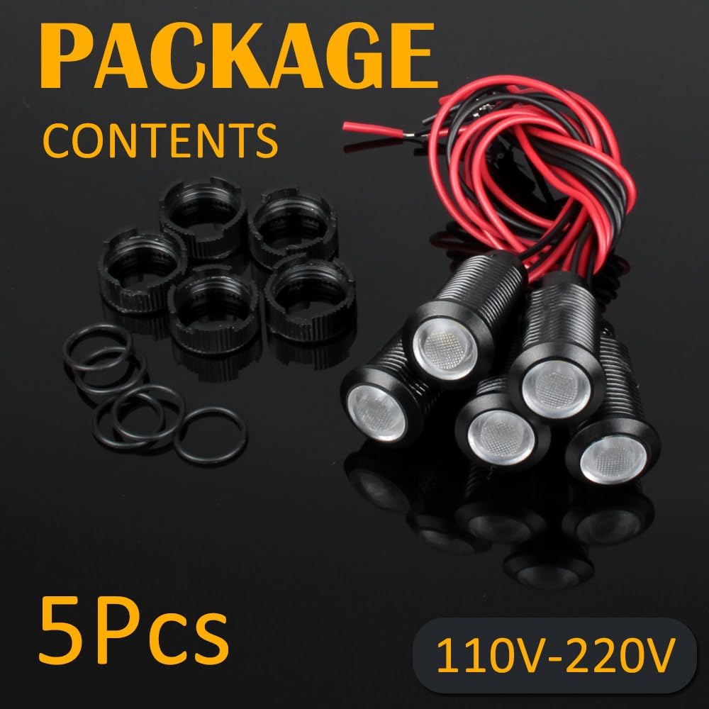 5pcs 12mm LED Indicator Light Plastic Black Signal Dot Lamp 110-220VAC 1/2 inches Mounting Hole Size with 15cm/5.9in. Wire (White LED)