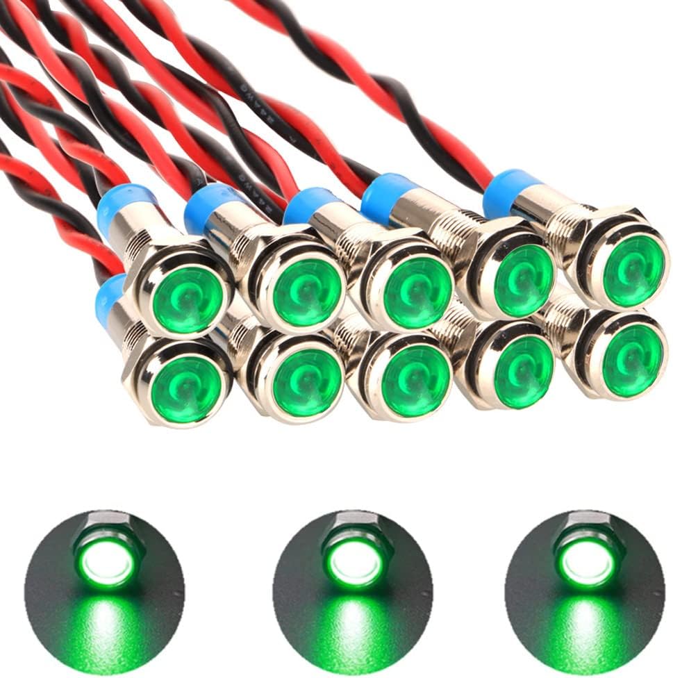 10pcs 6mm 1/4" AC/DC 12-24V LED Metal Indicator Light Pilot Dash Directional with Wire Waterproof Signal Lamp(Green)