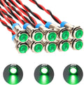 10pcs 6mm 1/4" AC/DC 12-24V LED Metal Indicator Light Pilot Dash Directional with Wire Waterproof Signal Lamp(Green)