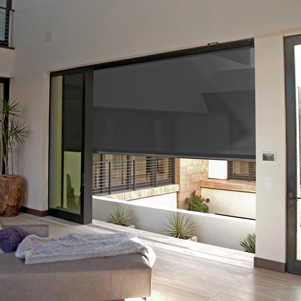ZSHINE Hard-Wired Outdoor Snow Blocking Weatherproof Motorized Patio Roller Shades Remote Control for Porch Balcony Customized Size (Black Grey 10% Openness)