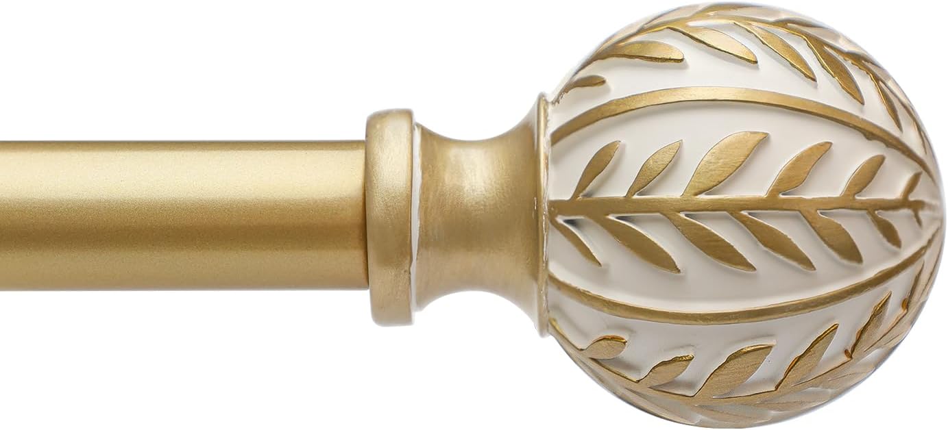 Gold Curtain Rods for Windows 66 to 120 inch,1" Adjustable Heavy Duty Window Curtain Rod Leaf Finials,Rustic Decorative Drapery Rods Set,Size:36-120''
