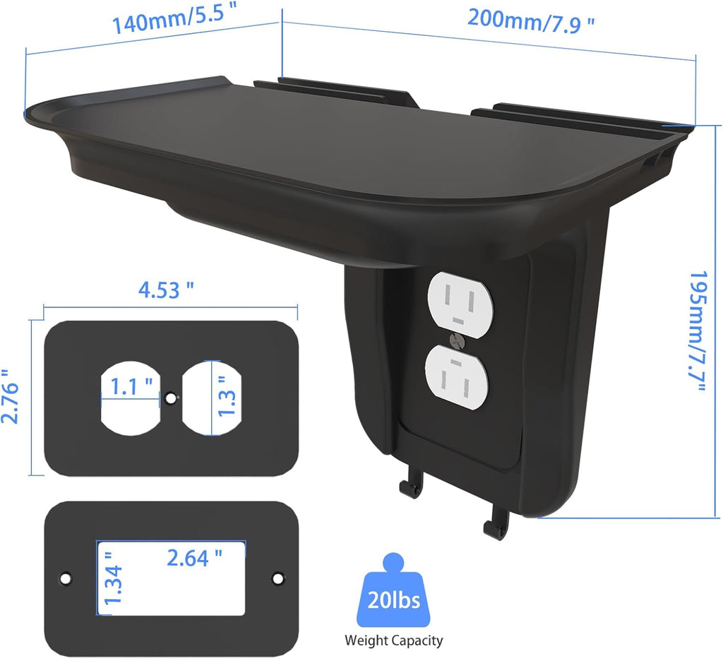suptek Large Wall Outlet Shelf,Home Wall Shelf Organizer for Outlets,Perfect for Bathroom Kitchen,Bedrooms,Ideal for Cell Phone Speaker up to 20lbs,with Cable Management and Detachable Hooks (S3XLB)