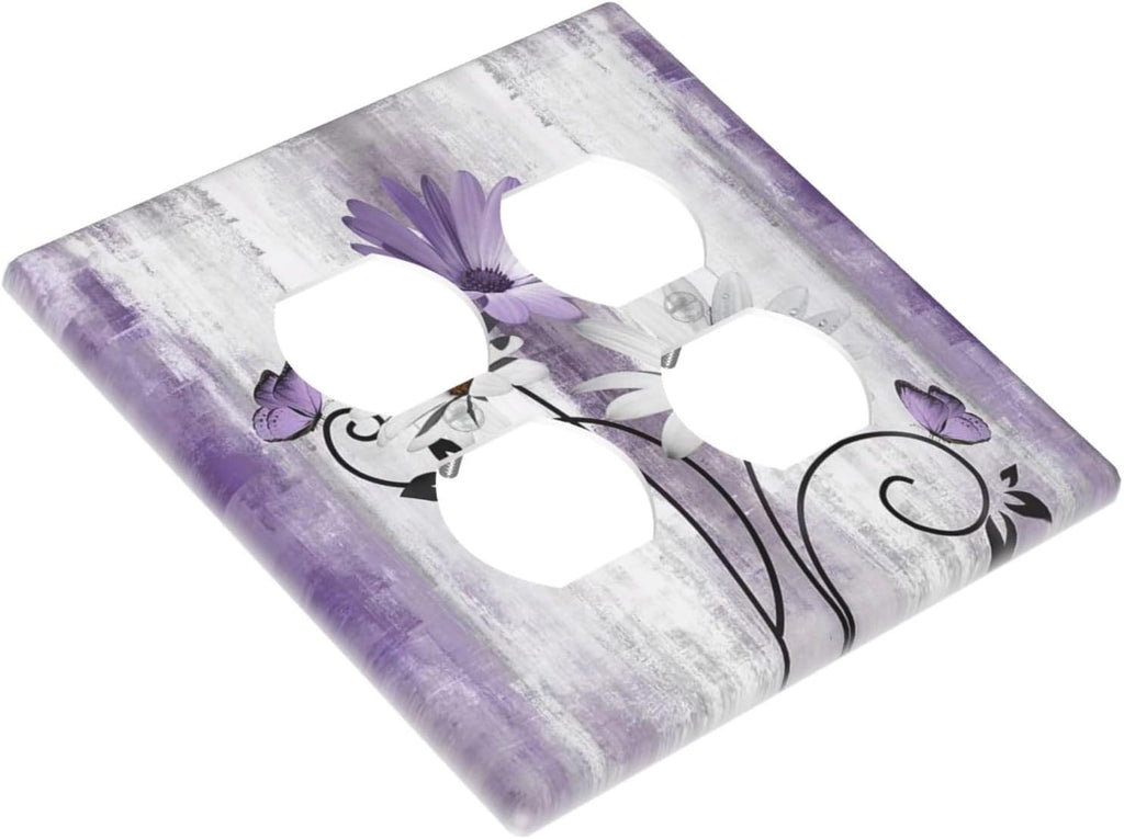 Decorative Outlet Covers Rustic Purple Daisy Grey Flowers 2 Gang Wall Plate Cover Double Duplex Receptacle Two Switch Light Switch Cover Plate Jumbo Dual Faceplate for Home Decor