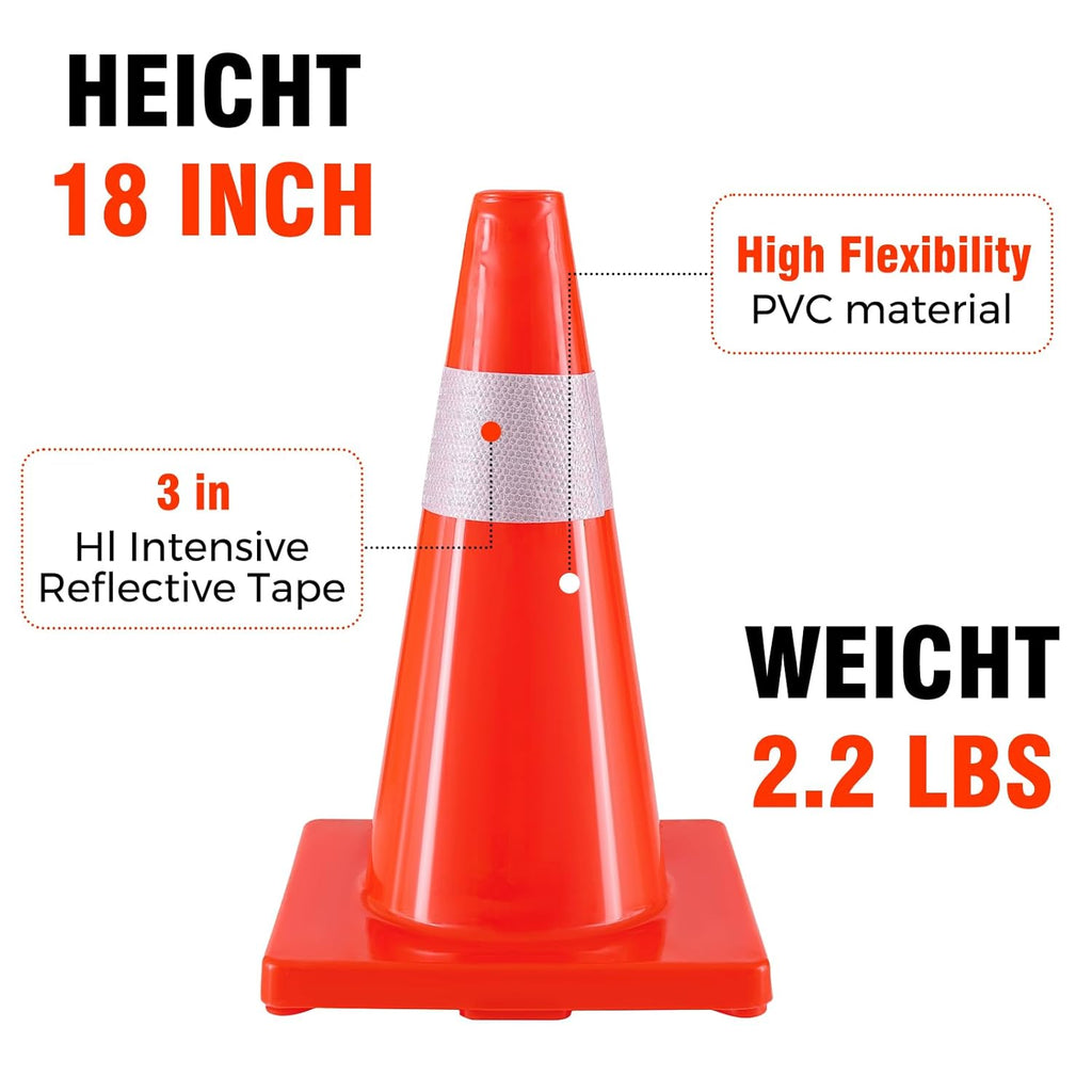 Traffic Safety Cones 18 Inch 8 Pack - Orange Road Parking Cones with Reflective Collars, Heavy Duty PVC Construction Cone Structurally Stable for Road Parking, Traffic Control, Driveway