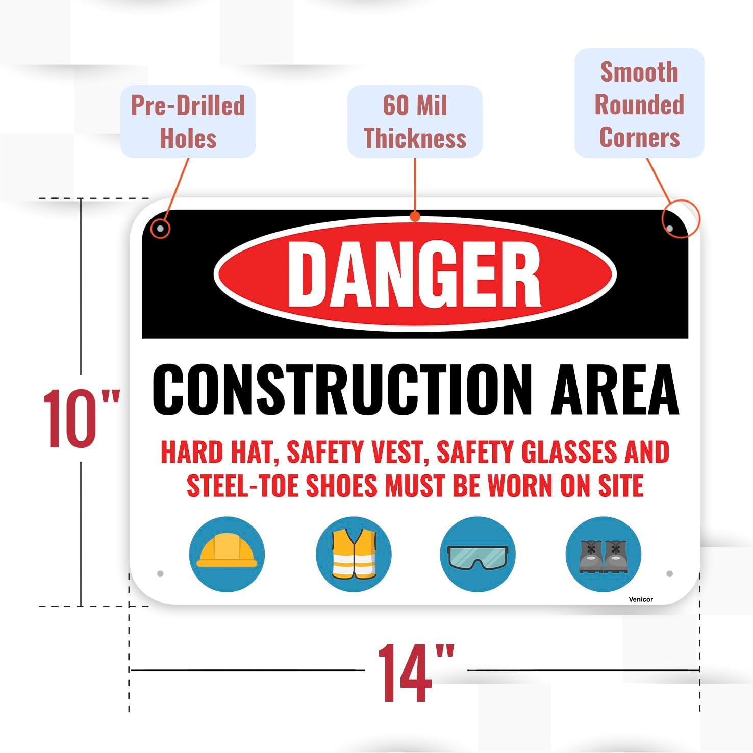 1PC Construction Signs, 14 x 10 Inches - Aluminum - Danger Area Under Construction Safety Site Signs For Jobsites