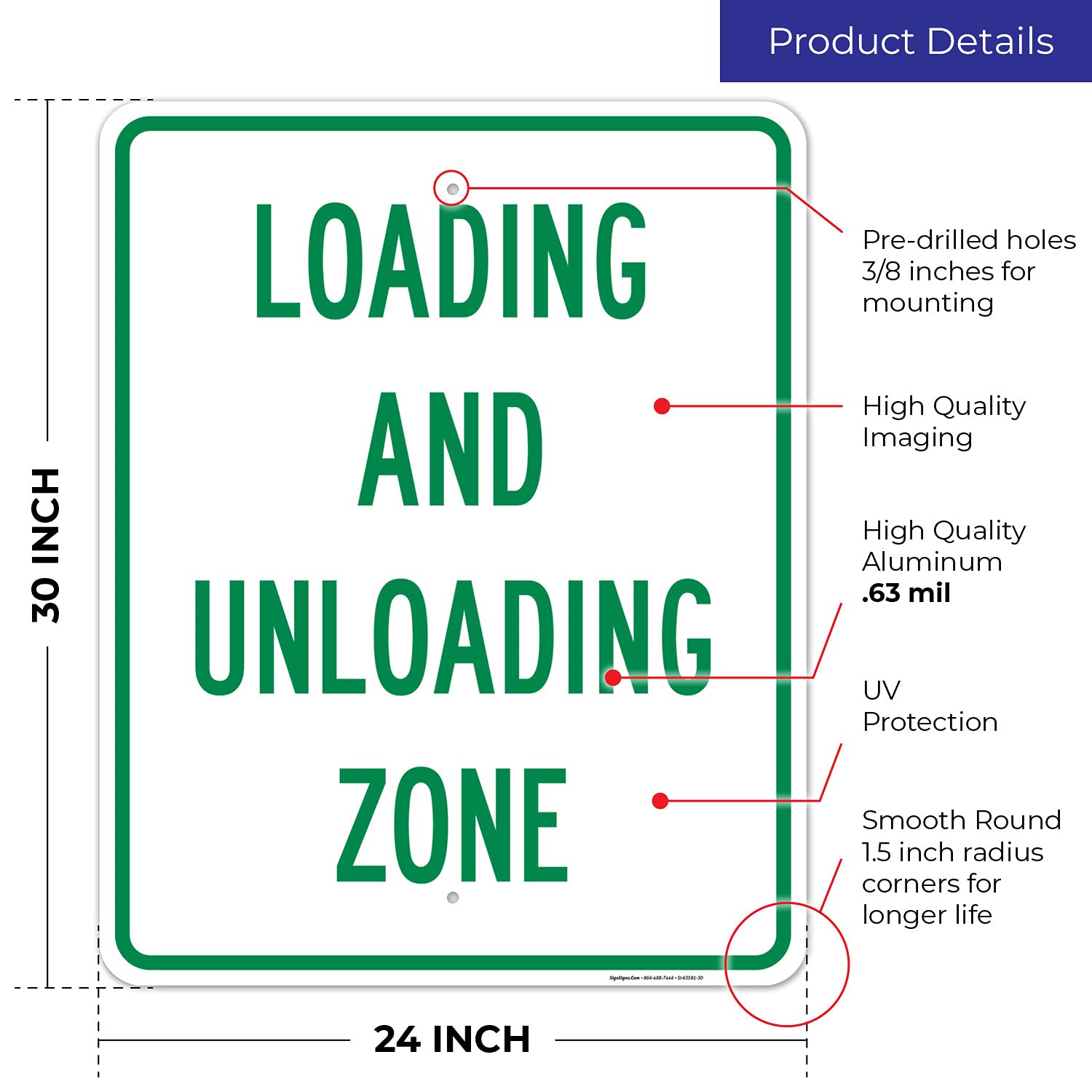 Loading and Unloading Zone Sign, 24x30 Inches, Rust Free .063 Aluminum, Fade Resistant, Made in USA