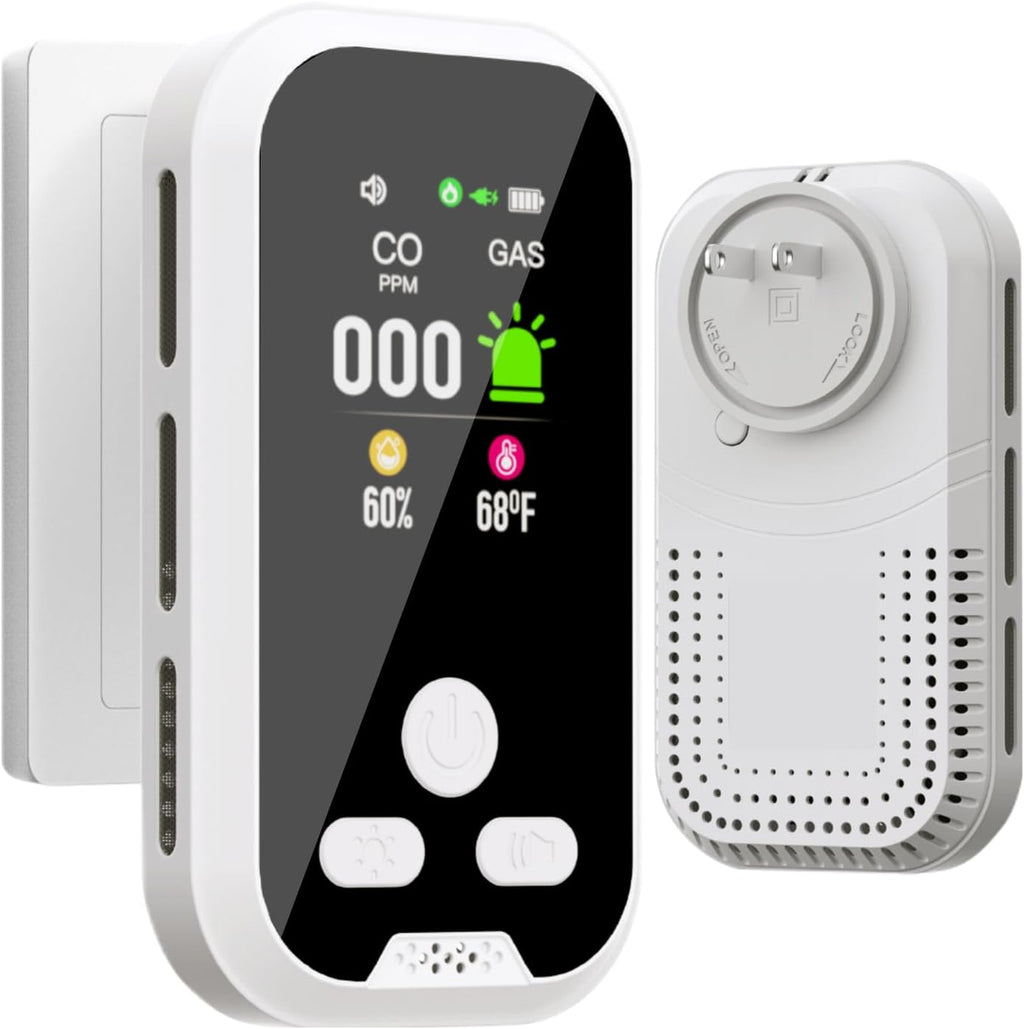 4-in-1 Carbon Monoxide & Natural Gas Detector, Plug-in CO and Gas Alarm with Battery Backup, Digital Display for CO, Gas, Temperature & Humidity, Home & RV Safety Device