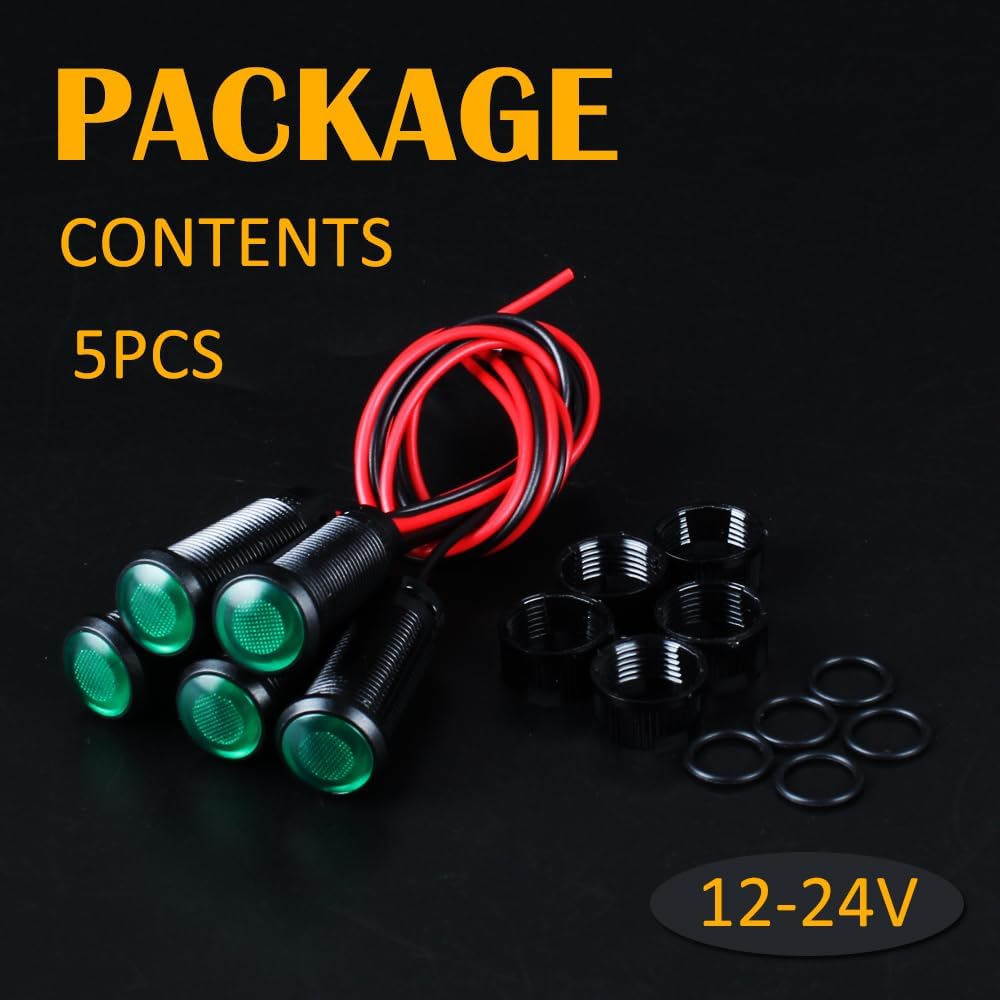 5pcs 10mm LED Indicator Light Plastic Black Signal Dot Lamp 12V-24V 2/5" Mounting Hole Size with 15cm/5.9in. Wire (Green LED)