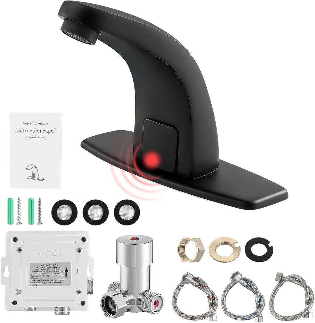 Touchless Bathroom Sink Faucet，Automatic Motion Sensor Faucets with 1 Hole Plate for Water Bath Commercial Lavatory Farmhouse, Black