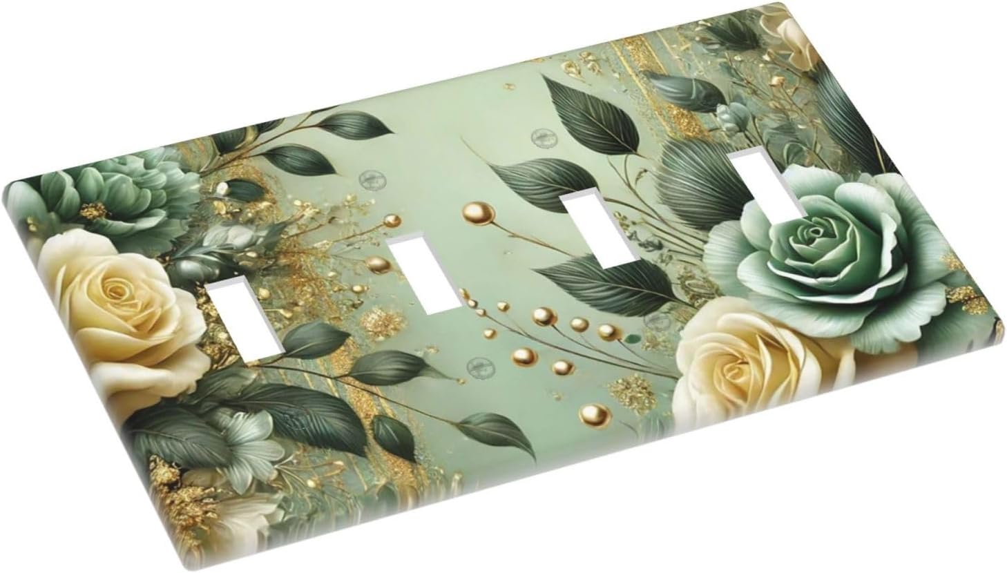 Decorative Light Switch Cover Plate Rustic Green Floral Leaves Teal Flowers Gold Stripe 4 Gang Wall Plate Oversized Quad Toggle Switch Cover Plate Jumbo Faceplate