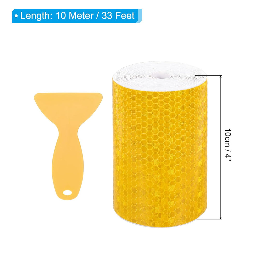 PATIKIL 4 Inch x 33 ft Reflective Tape, 1 Roll Waterproof Self Adhesive High Visibility Caution Warning Safety Tape Reflector with Scraper for Trucks Trailers Cars, Yellow