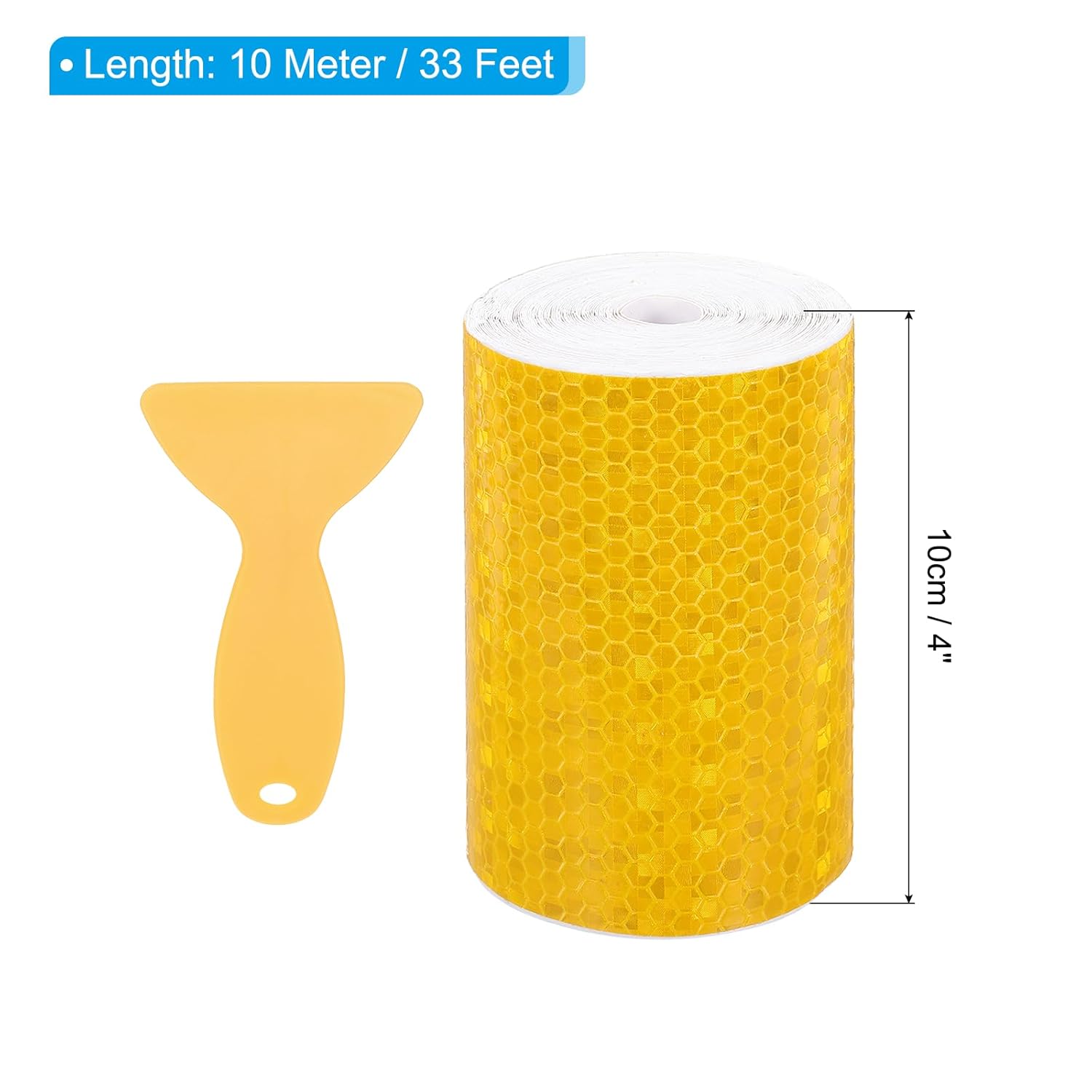 PATIKIL 4 Inch x 33 ft Reflective Tape, 1 Roll Waterproof Self Adhesive High Visibility Caution Warning Safety Tape Reflector with Scraper for Trucks Trailers Cars, Yellow
