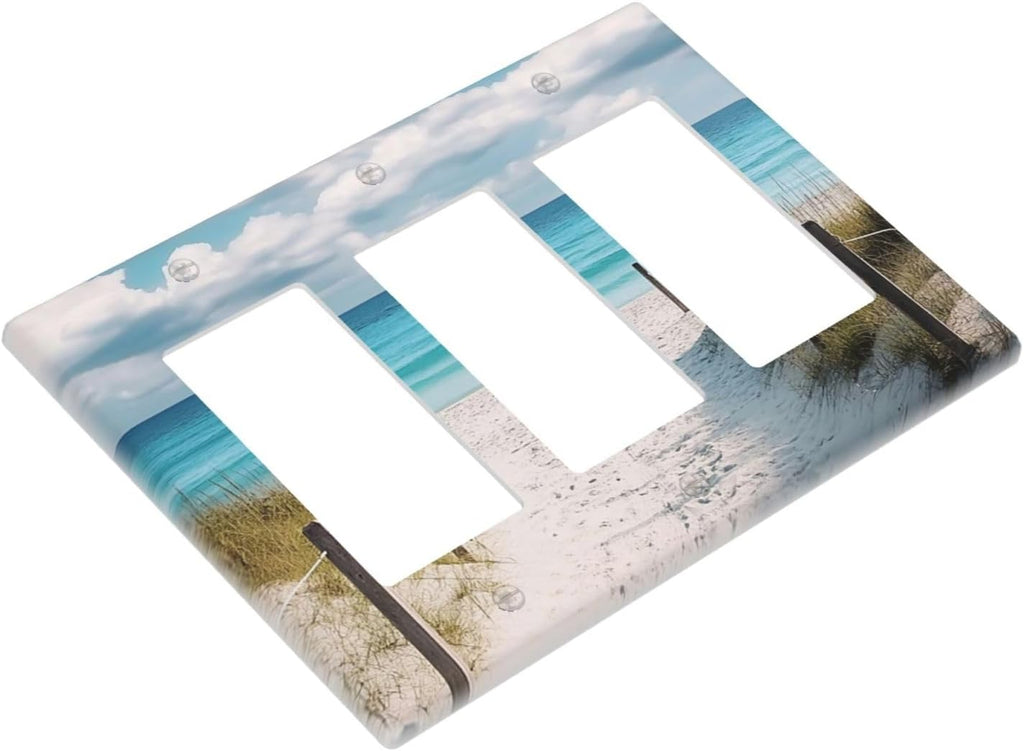 Decorative Outlet Covers Coastal Beach Ocean Seaside View 3 Gang Light Switch Cover Plate Triple Rocker Wall Plates for Electrical Outlets Switch Plate Covers for Bedroom Home Decor