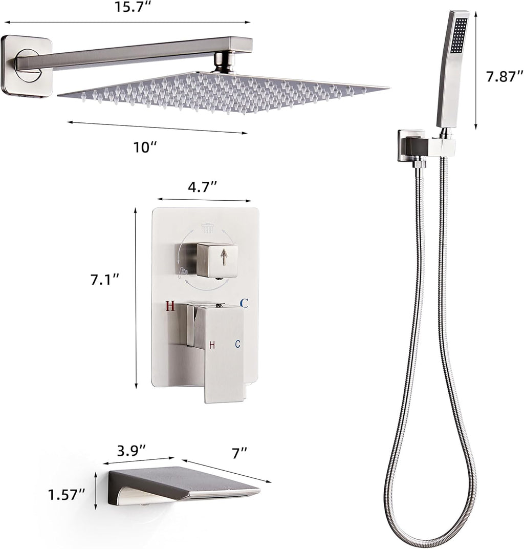 Shower Faucet Set Complete with Tub Spout Shower System Wall Mounted with 10 inch Rainfall Shower Head and Handheld Shower Rain Shower Combo for Bathroom, Brushed Nickel