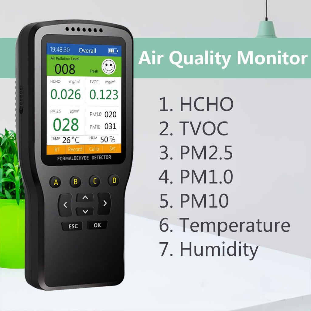 Air Quality Monitor Indoor, 8 in 1 Formaldehyde Detector, voc Meter, Detect Indoor HCHO,TVOC,AQI,PM2.5,PM10,PM1.0,Temperature and Humidity Tester. Colorful LCD Screen & USB Charging