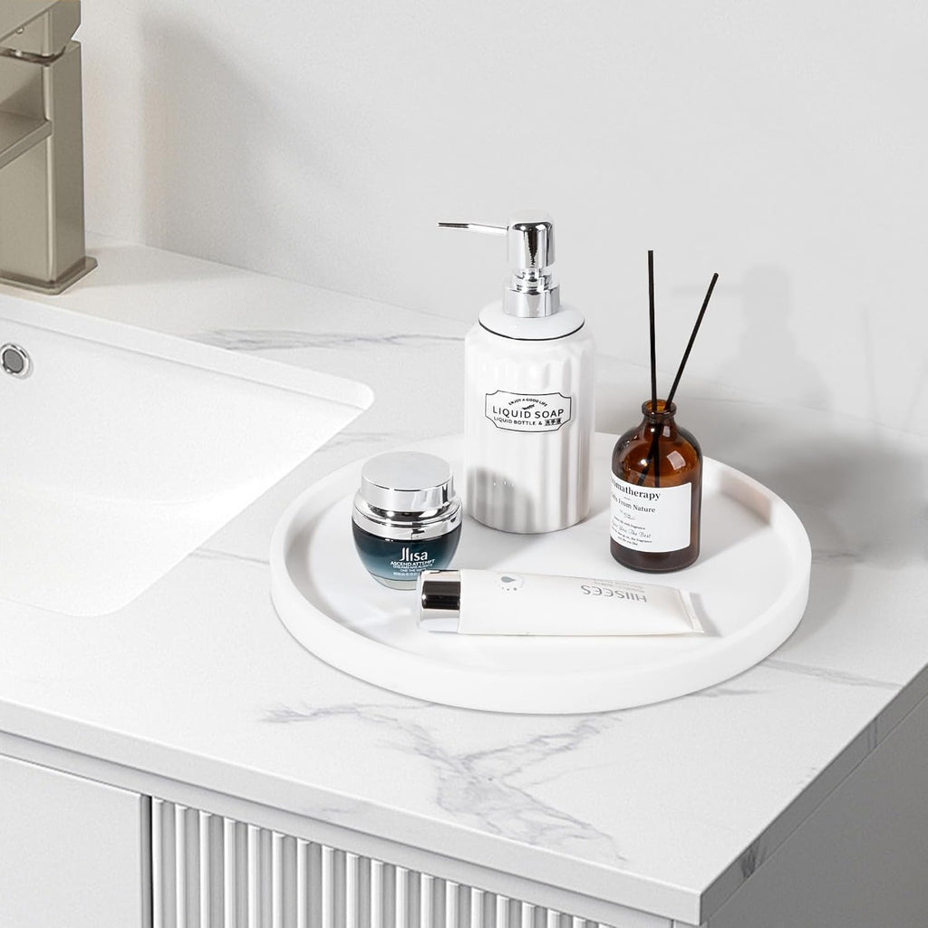 Silicone Bathroom Tray Round Vanity Tray Decorative Soap Holder Kitchen Countertop Organizer Coffee Table Decor for Candle, Perfume, Plant, 12 Inch, White