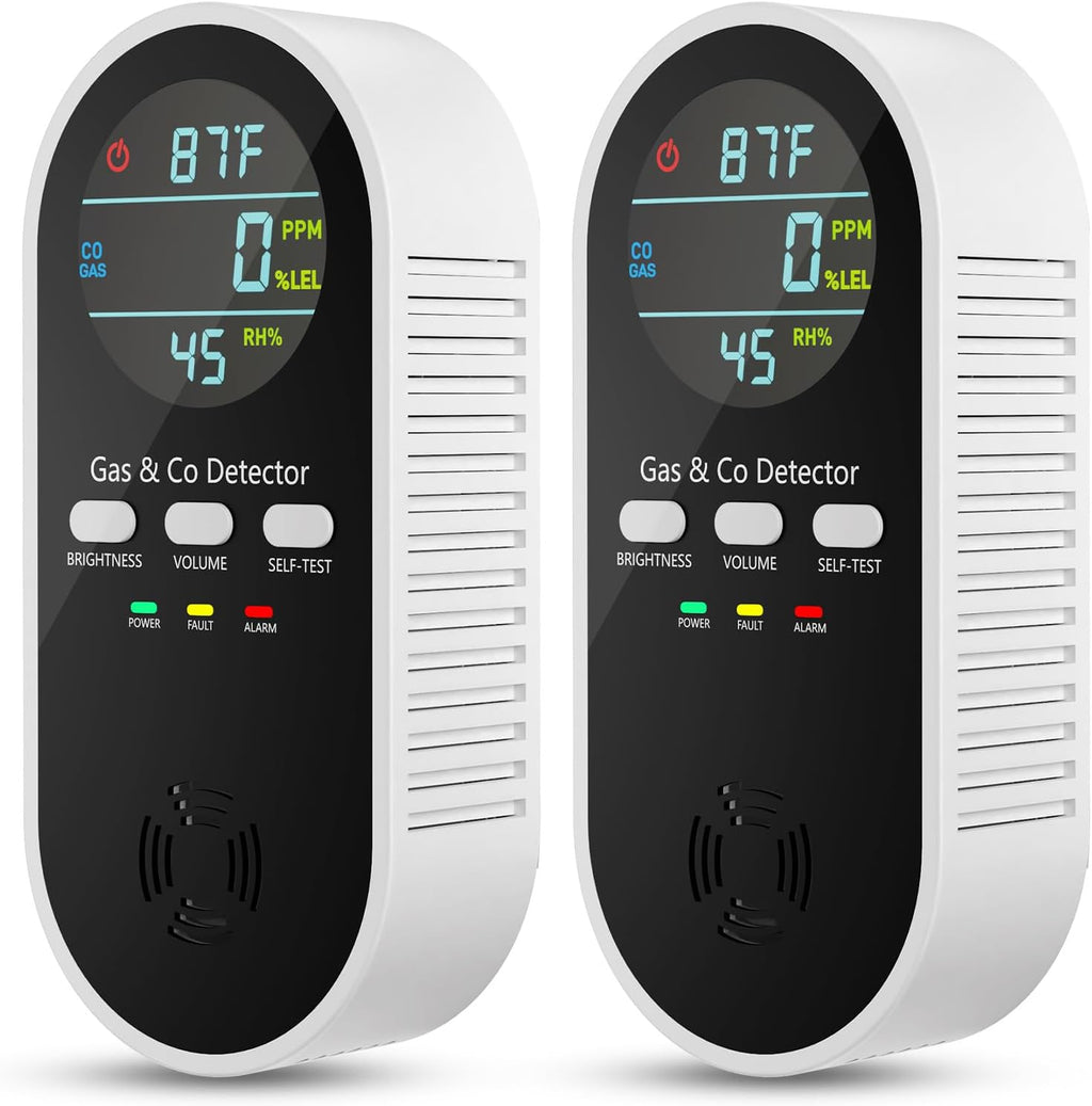 Natural Gas Leak Detector & Carbon Monoxide Detectors Plug in, 5-in-1 Portable Carbon Monoxide Detector with Brightness & Volume Adjustment, Battery Backup for Home, RV, Travel, Camping (2 Packs)