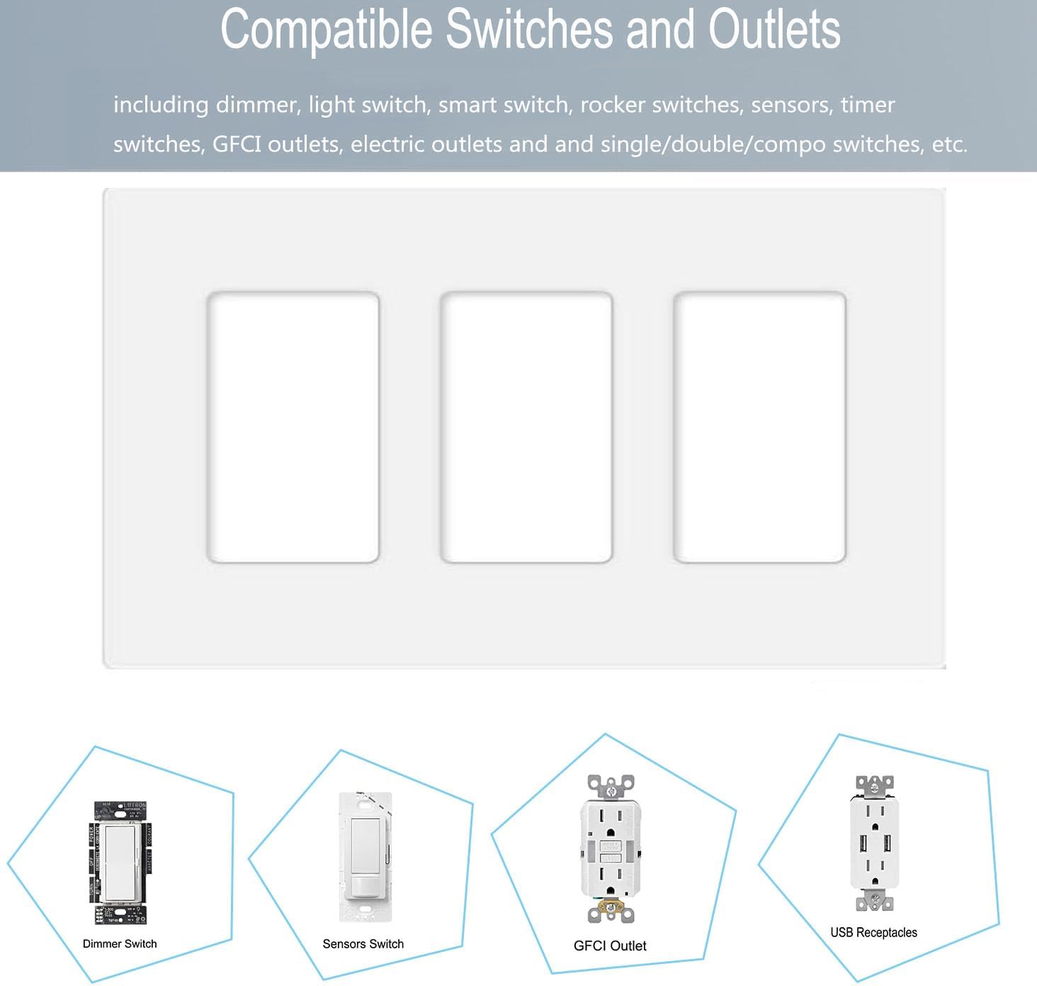 3-Gang Screwless Decorator Wall Plate Cover Switch Outlet Electrical Faceplate for Light Switche, Smart Switch, Receptacle, Dimmers, USB Outlet, GFCI, Child Safe Cover Plate, White (6-Pack)