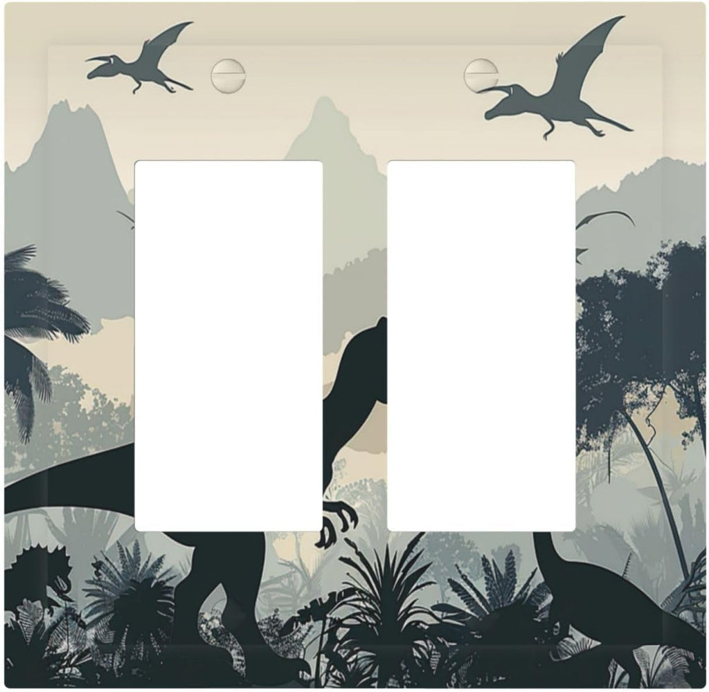 Decorative Outlet Covers Prehistoric World Dinosaur Cartoon Fores 2 Gang Double GFCI Rocker Electrical Wall Panels Light Switch Cover Plate for Kids Room Nursery Decor