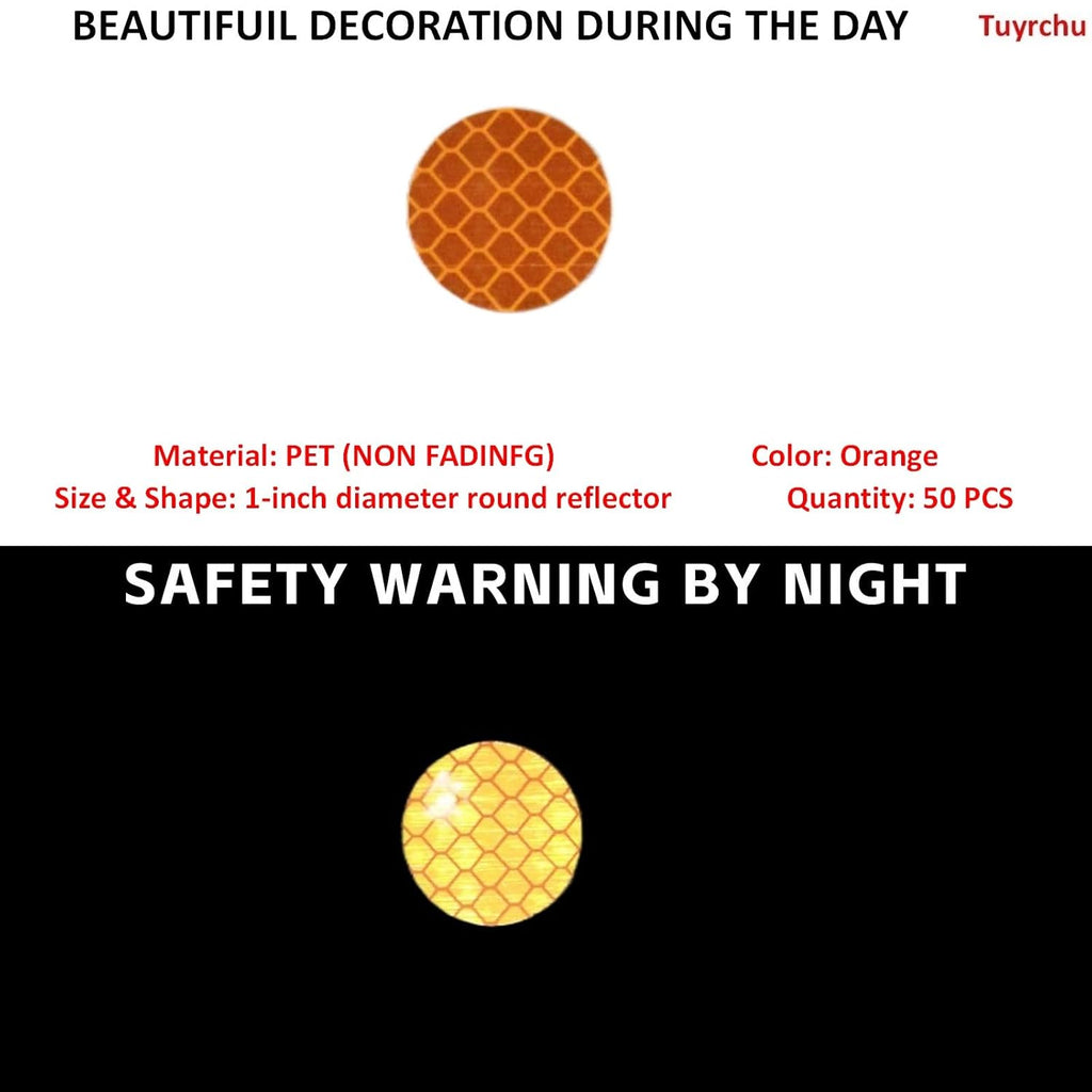 Non Fading Orange Reflective Stickers 1-inch Diameter Round Reflector, Outdoor Waterproof High Visibility Warning Adhesive Tape (50 Pcs)