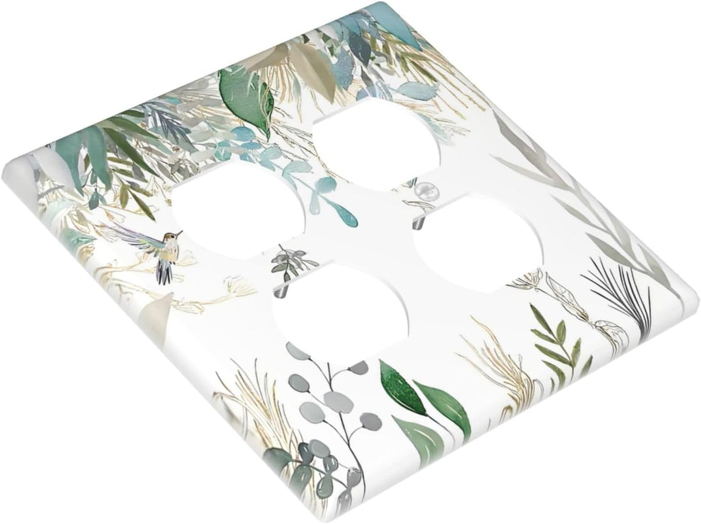 Green Tropical Palm Leaves Flower Plants Hummingbird Outlet Covers 2 Gang Double Duplex Decorative Light Switch Covers Electrical Wallplates Socket Faceplate for Bed Room Living Room Decor