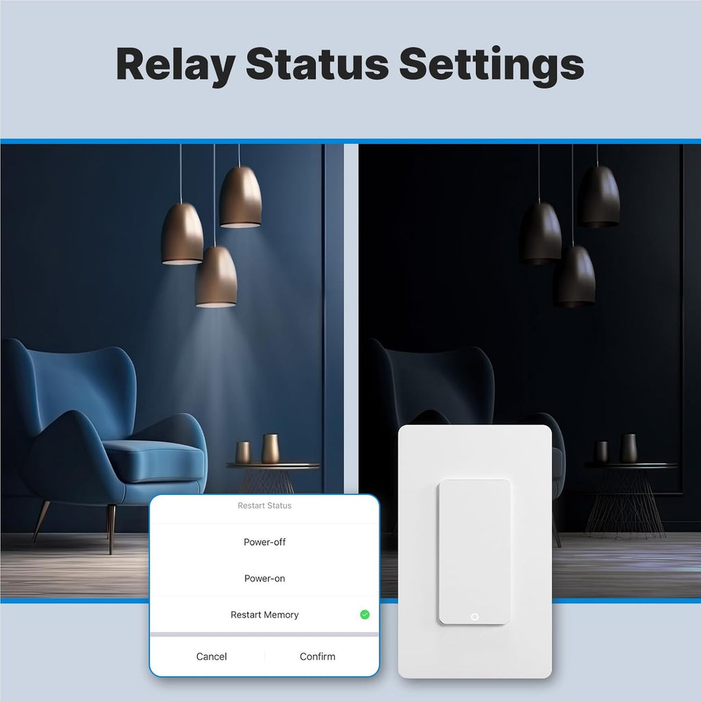 Matter WiFi Smart Light Switches, Netural Wire Required, 2.4GHz Single Pole Switch, Compatible with Alexa Assistant, Remote Control, Voice Control, No Hub Required (1 Way)