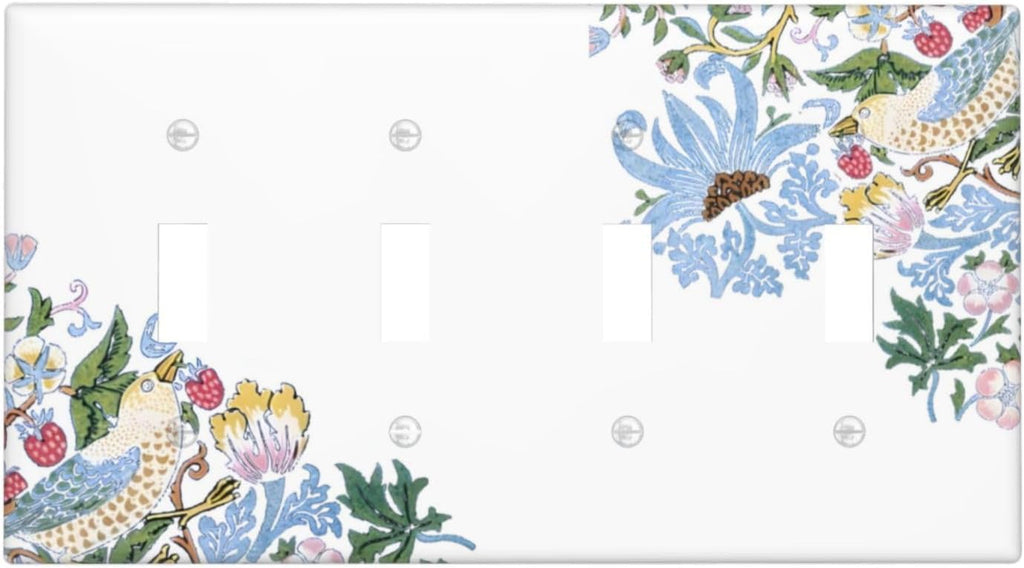 Decorative Light Switch Cover Plate Retro Morris Strawberry Rustic Plant Bird 4 Gang Wall Plate Oversized Quad Toggle Switch Cover Plate Jumbo Faceplate for Bedroom Decor
