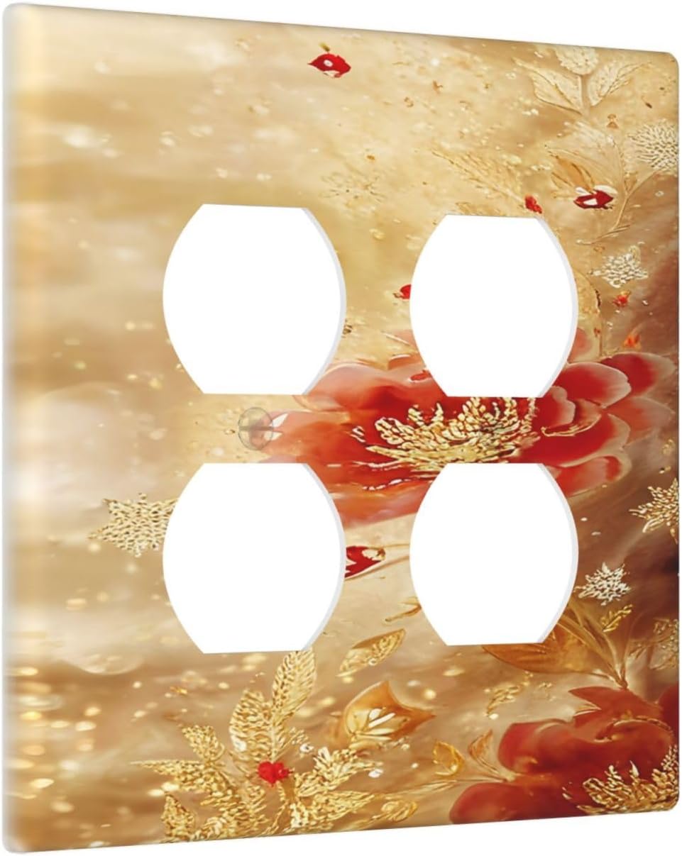 Decorative Outlet Covers Golden Leaf Red Peony Flowers Floral 2 Gang Wall Plate Cover Double Duplex Receptacle Two Switch Light Switch Cover Plate Jumbo Dual Faceplate