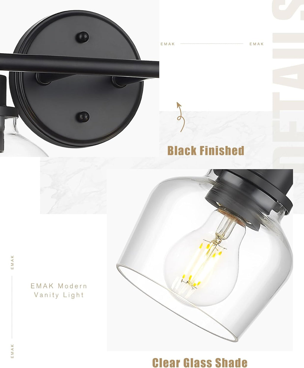 Emak Modern Black Bathroom Lights, Farmhouse Vanity Lighting Fixtures with Clear Glass Shade, 2-Light Vanity Lights for Bathroom, Makeup Desk, Mirror, VL122-BK-CG-2
