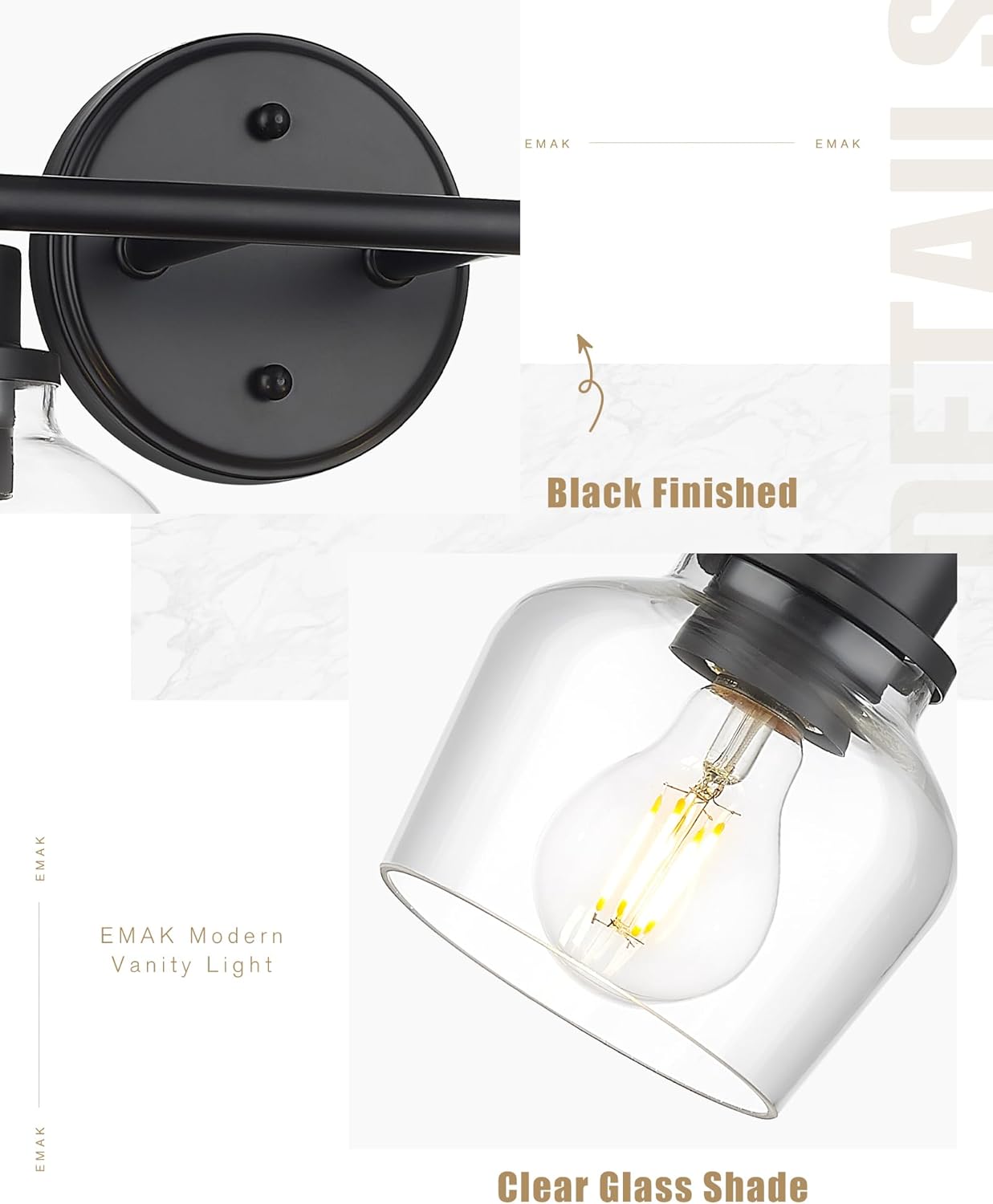 Emak Modern Black Bathroom Lights, Farmhouse Vanity Lighting Fixtures with Clear Glass Shade, 2-Light Vanity Lights for Bathroom, Makeup Desk, Mirror, VL122-BK-CG-2