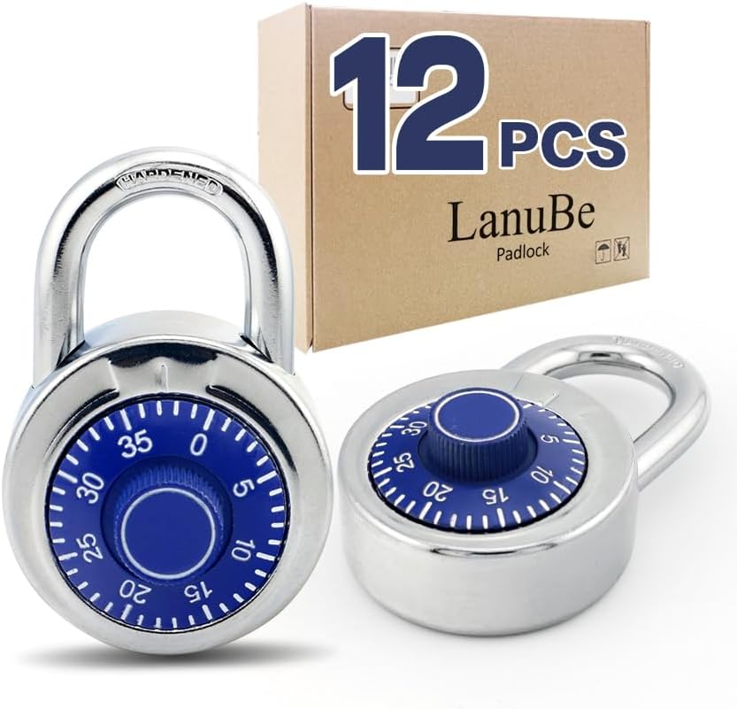 LanuBe Standard Dial Combination Lock, 2 inches. Wide, with Different Combinations, Blue Turnplate, Pack of 12; Lock for School, Employee, Gym Sports Locker, Case, Toolbox