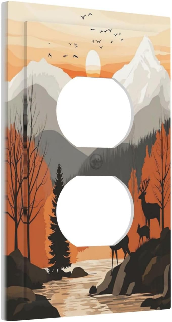Sun Forest Deer Snow Mountain River Outlet Covers 1 Gang Duplex Light Switch Cover Decorative Switch Plates Electrical Receptacle Faceplate Wall Plate For Bed Room Living Room Decor