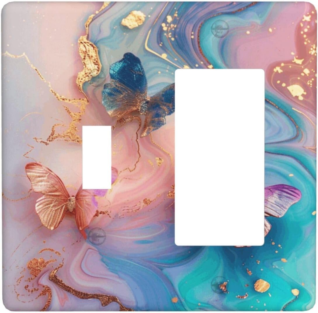 Colorful Marble Butterfly Gold Glitter Abstract Print Outlet Covers 1 Toggle 1 Rocker Combination Decorative Wall Plate Electrical Switch Plates Light Switch Cover Plate for Bed Room Living Room Decor