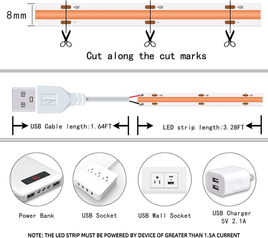 Short Led Strip Lights Pink 5V USB LED Lighting COB LED Strip Pink Flexible LED Tape Light Not Dimmable Small led, for Display Cabinet, Home DIY Lighting Room Decor TV Lights (3.28FT/1M)