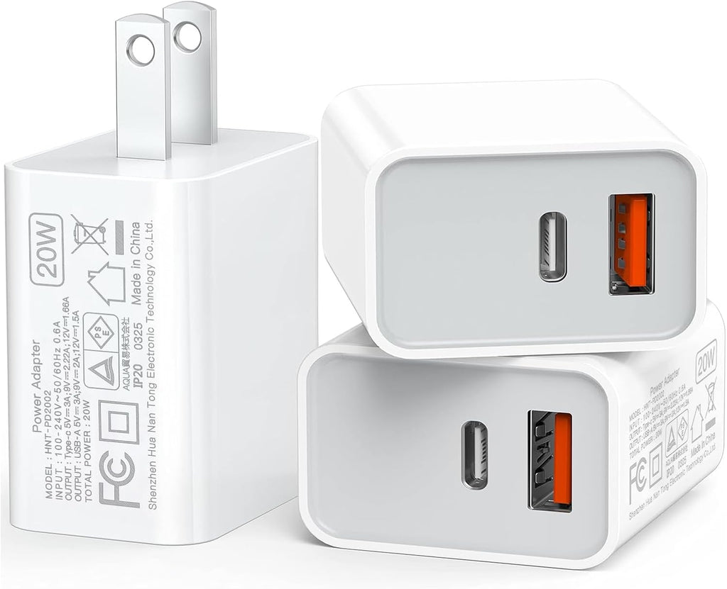 USB C Wall Charger Block 20W, 3-Pack Dual Port PD Power Delivery Fast Type C Charging Block Plug Adapter for iPhone 12/13/14/15/16/17/Pro Max, XS/XR/X, iPad Pro, AirPods Pro, Samsung Galaxy(White)