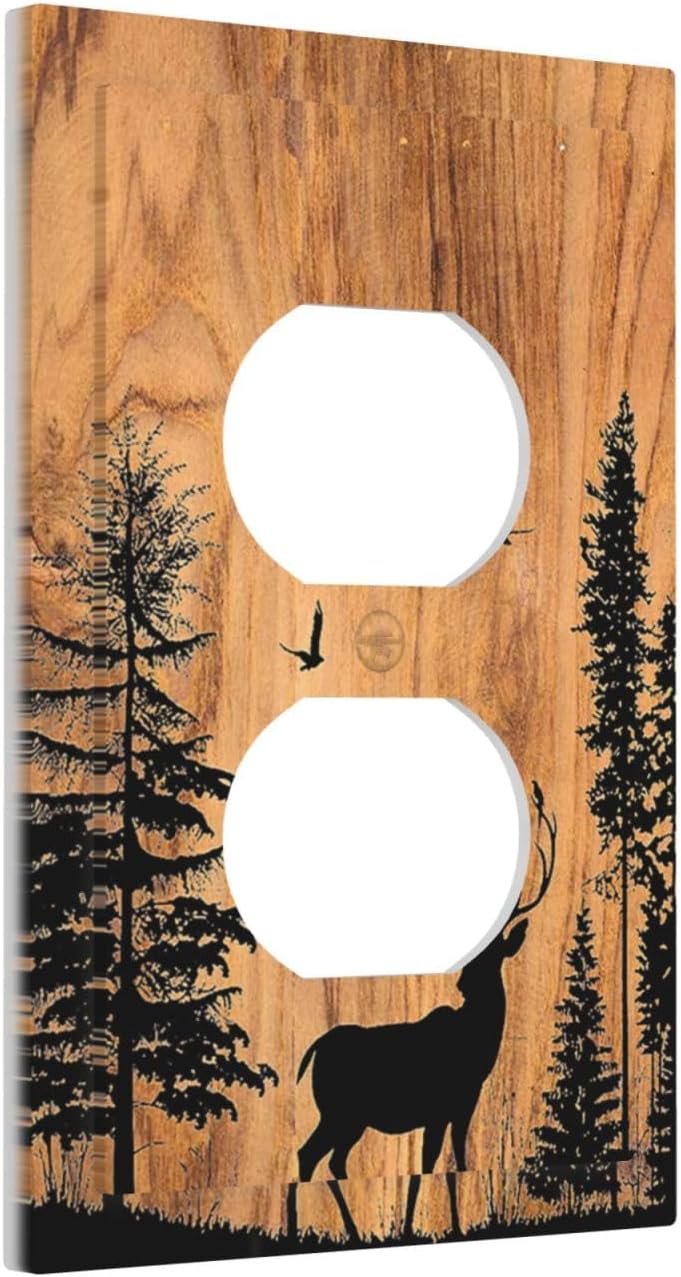 Outlet Covers Rustic Farmhouse Orange Brown Pine Tree Deer Wood Grain 1 Gang Duplex Wall Plate Decorative Switch Plates Electrical Receptacle Faceplate Light Switch Cover for living Room