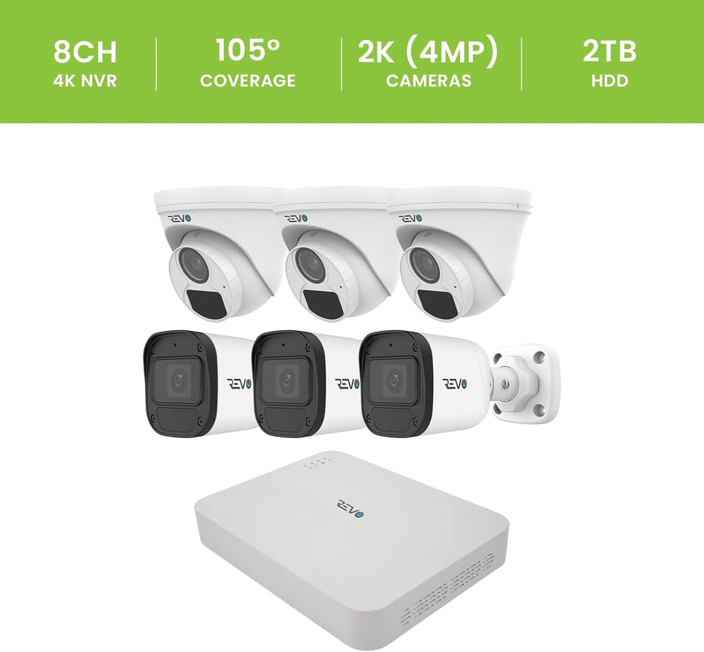 Revo Ultra Blue Series 8CH 4K POE H.265 NVR, 2TB & 6X 2K (4mp) Indoor/Outdoor IR Cameras with Built-in Mic – Remote Access Via Pc, Mac & Phone (No Monthly Fee)