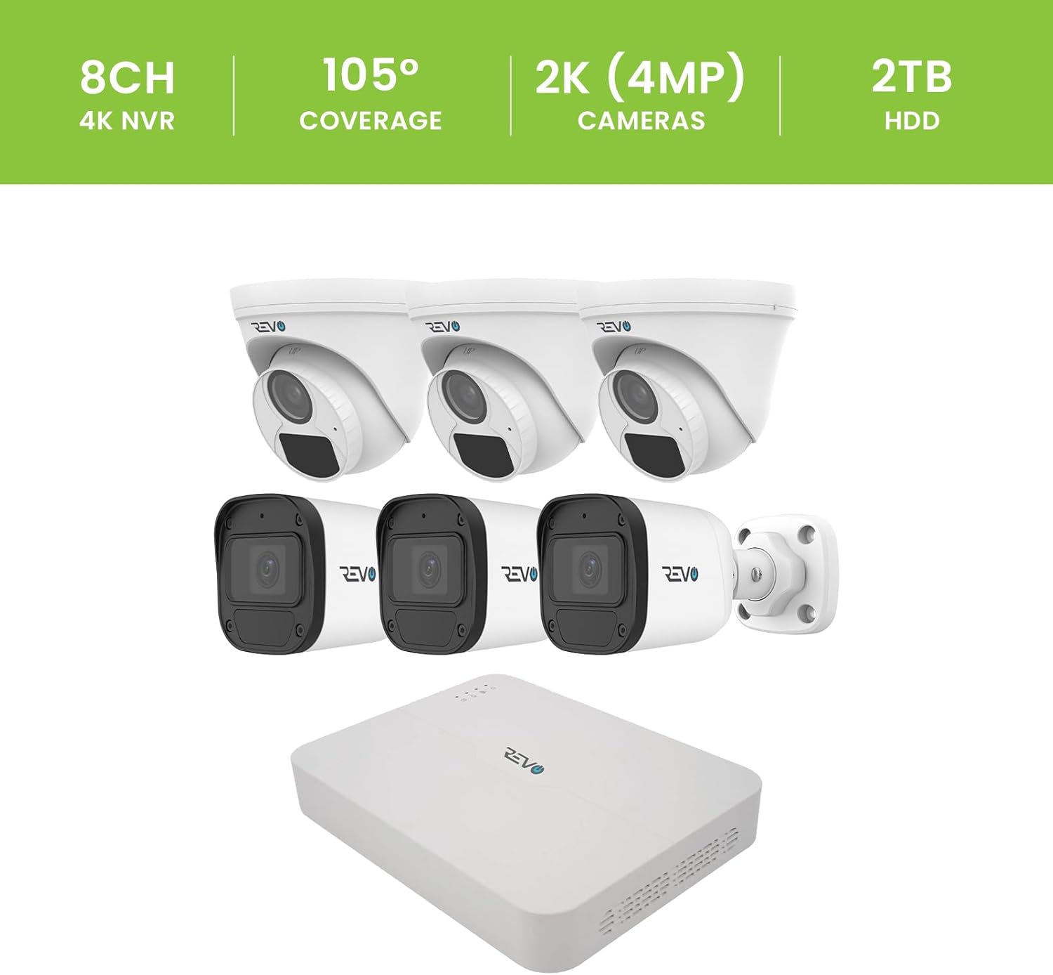 Revo Ultra Blue Series 8CH 4K POE H.265 NVR, 2TB & 6X 2K (4mp) Indoor/Outdoor IR Cameras with Built-in Mic – Remote Access Via Pc, Mac & Phone (No Monthly Fee)