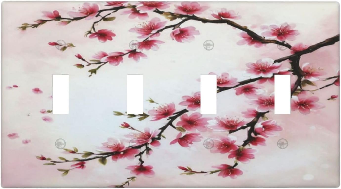 Branch with Pink Flowers Light Switch Covers Quad Toggle 4 Gang Wall Plate Decorative Switchplate Electrical Faceplate for Farmhouse Bathroom Living Decor