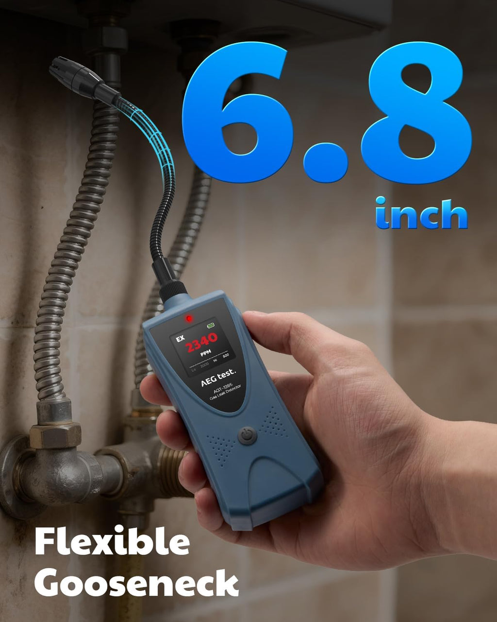 AGT-1385 Gas Leak Detector, Natural Gas Detector with 6.8-Inch Neck, Color Display, Visual & Audible Alarms for Methane, Propane & Other Combustible Leaks for Home & RV (Includes 2 Batteries)