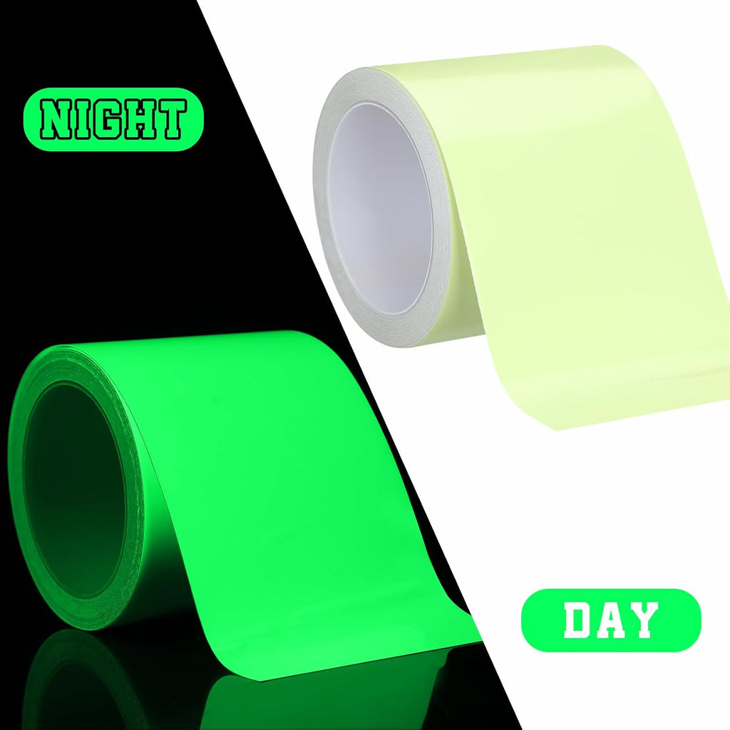 2 Rolls Glow in The Dark Tape 32.8 ft x 4 Inch Luminous Phosphorescence Green Long Lasting Bright Glow Tape for Halloween Night Decorations, Theater Stages, Stairs, Walls, Steps and Exit Sign