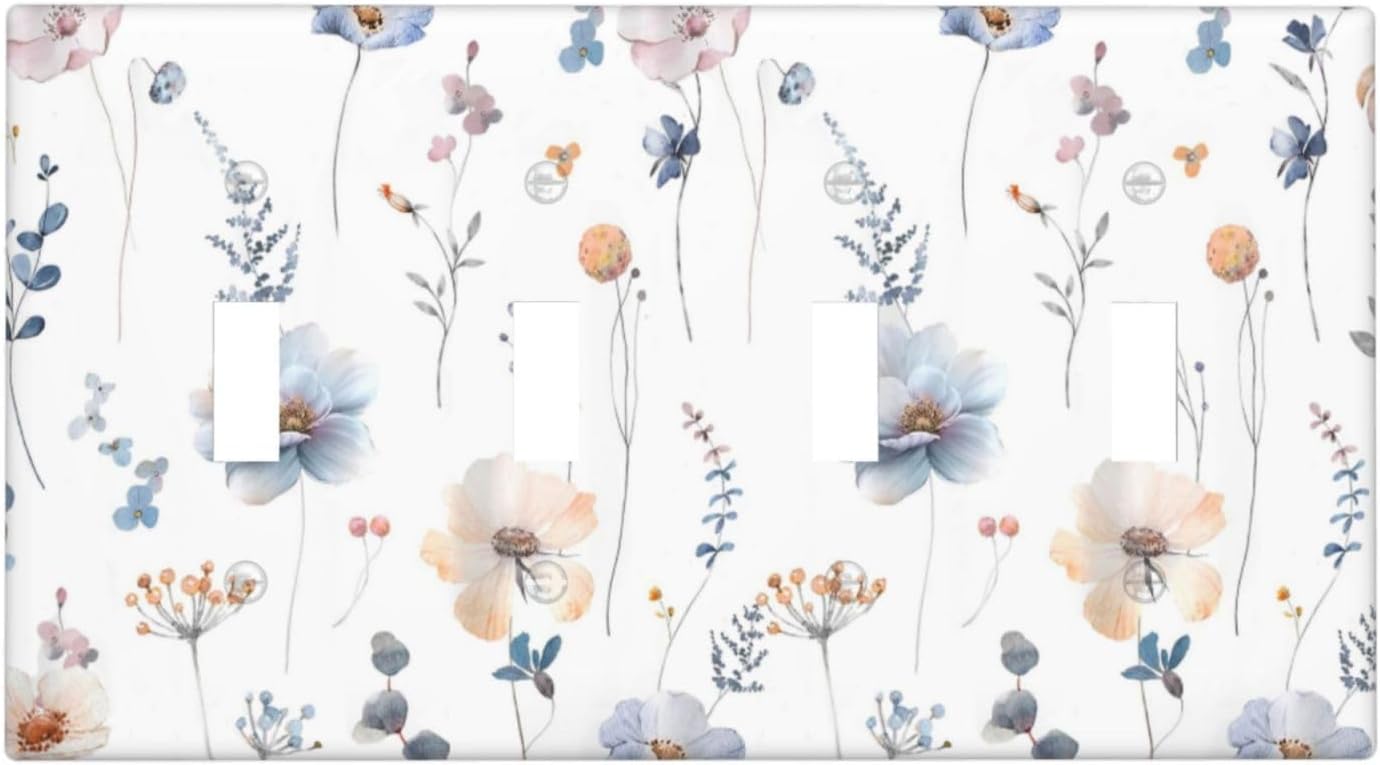 Wildflowers Plant Leaves Floral Berry Light Switch Covers Quad Toggle Electrical Faceplate 4 Gang Wall Plate Decorative Switch Plates for Bed Room Living Room Decor
