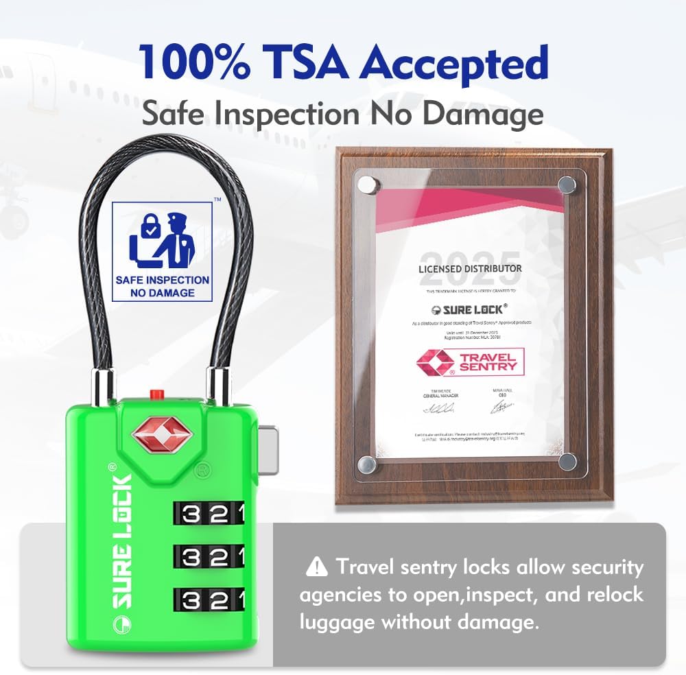 SURE LOCK TSA Compatible Travel Luggage Locks, Inspection Indicator, Easy Read Dials TSA Approved with Zinc Alloy Green 4PACK