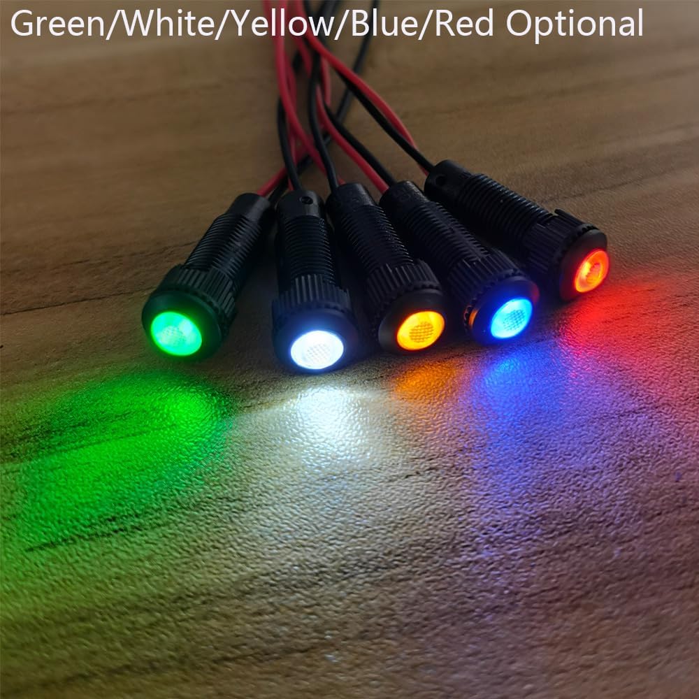 8pcs Green LED Indicator Mounting Hole Size 8mm AC/DC 12-24V Pilot Light(Flame Retardant Plastic Shell)