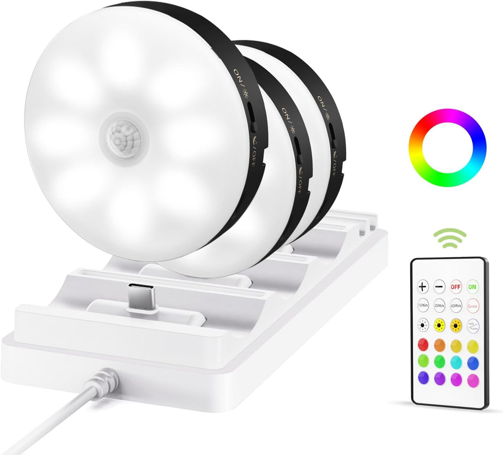 EZVALO Under Cabinet Lighting with Charging Station,1000mAh Rechargeable Puck Lights with Remote, 3 Color Temps & 12 RGB Closet Lights, Dimmable Motion Sensor Lights for Shelf, Kitchen (3 Packs)