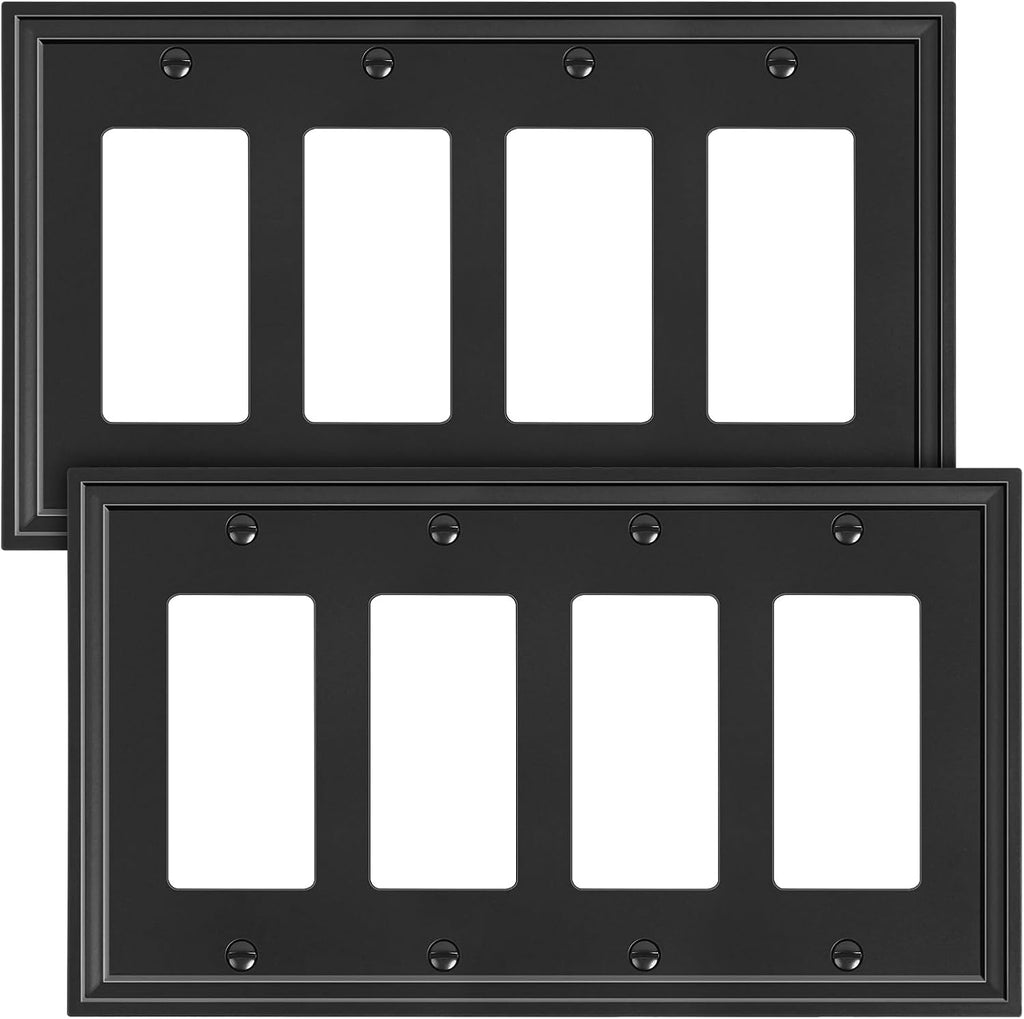 2-Pack Quad Decorator Outlet Cover Plate, Black Decorative Switch Plates and Outlet Covers, Natural Bamboo Fiber Wall Plates for Electrical Outlets, Receptacle, GFCI Outlet, Dimmer Switch