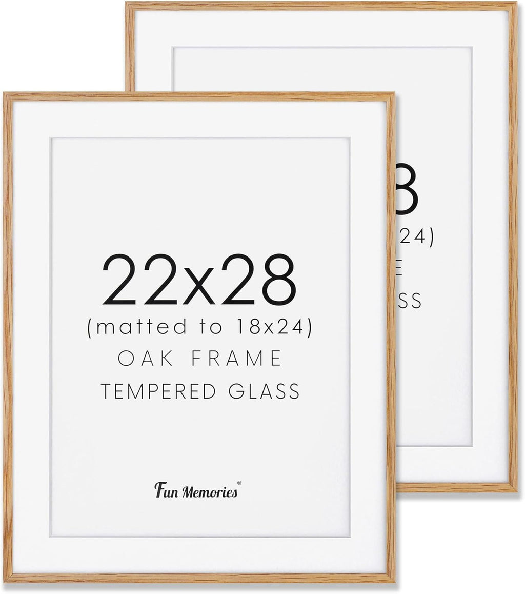 22x28 Picture Frame, Natural Oak Wood 22 x 28 Poster Frames, Set of 2, 22x28 Frame Matted to 18x24, 22 by 28 Picture Frames with Tempered Glass, Oak Color