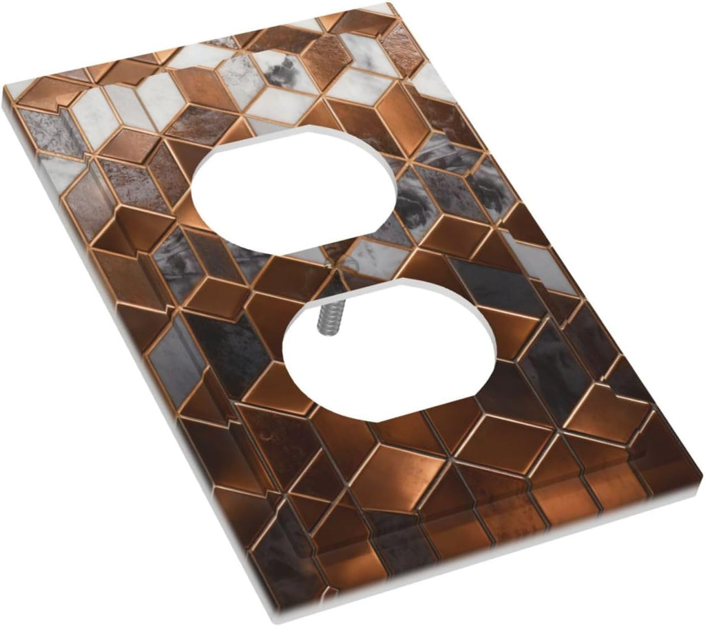 Brown Abstract Luxury Modern Geometric Cubic Marble Duplex Outlet Decorative Light Switch Covers Electrical Faceplate Switch Plates for Bathroom Kitchen Home