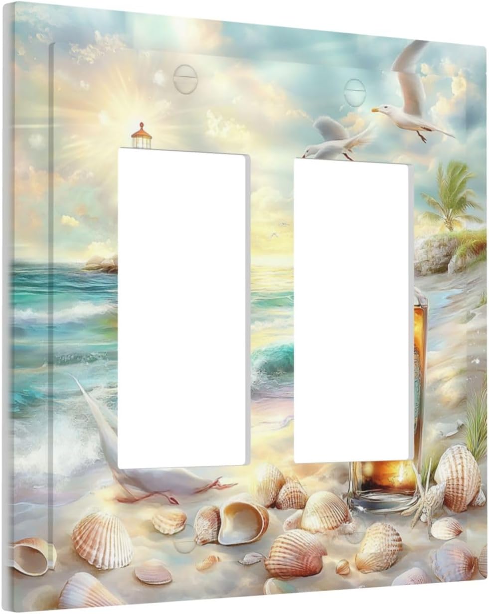 Decorative Outlet Covers Beach Ocean Lighthouse Seashells 2 Gang Double Gfci Rocker Electrical Wall Panels Light Switch Cover Plate For Bed Room Living Room Decor