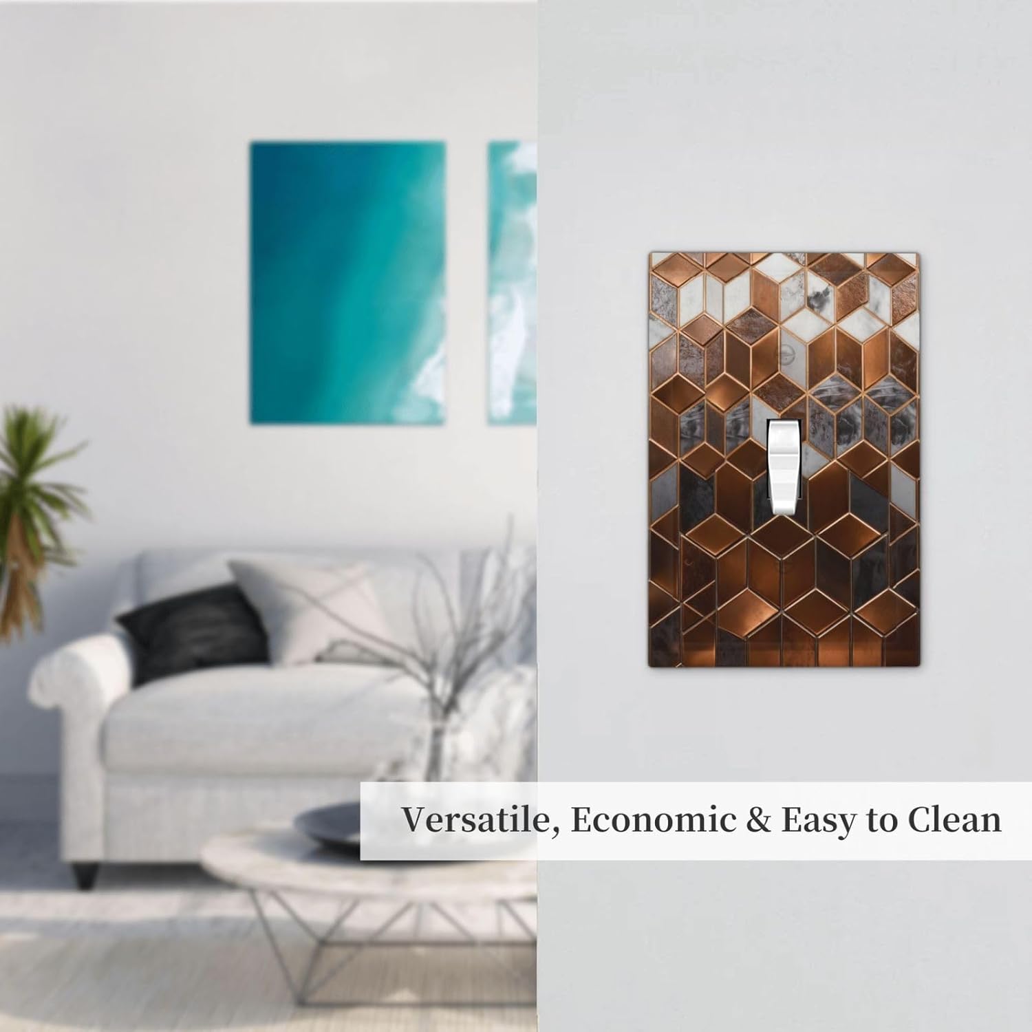 Brown Abstract Luxury Modern Geometric Cubic Marble 1 Gang Single Toggle Decorative Light Switch Covers Electrical Faceplate Switch Plates for Bathroom Kitchen Home